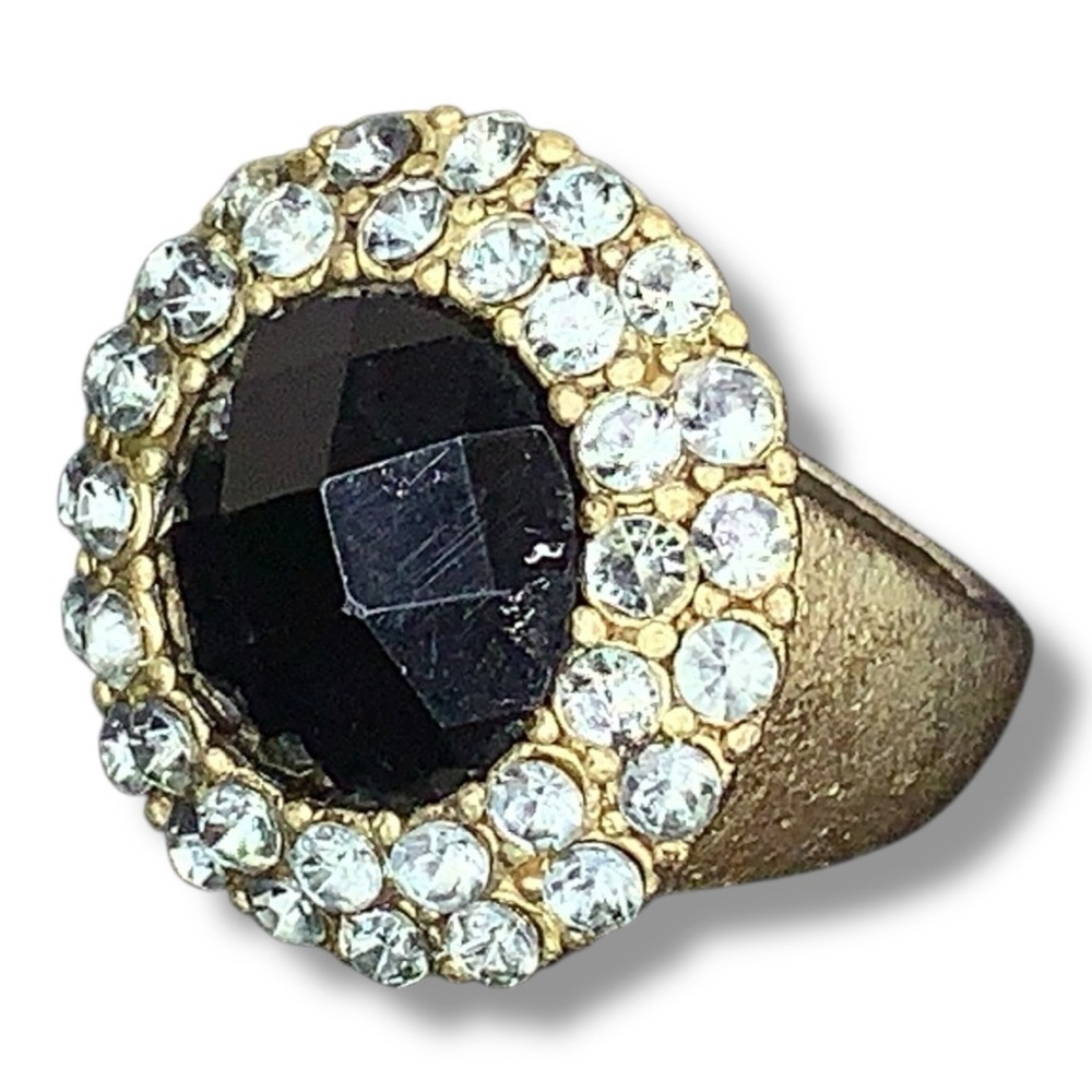 Vintage Cocktail Ring Black Silver Rhinestone Accents Adjustable Fit Goth Glam